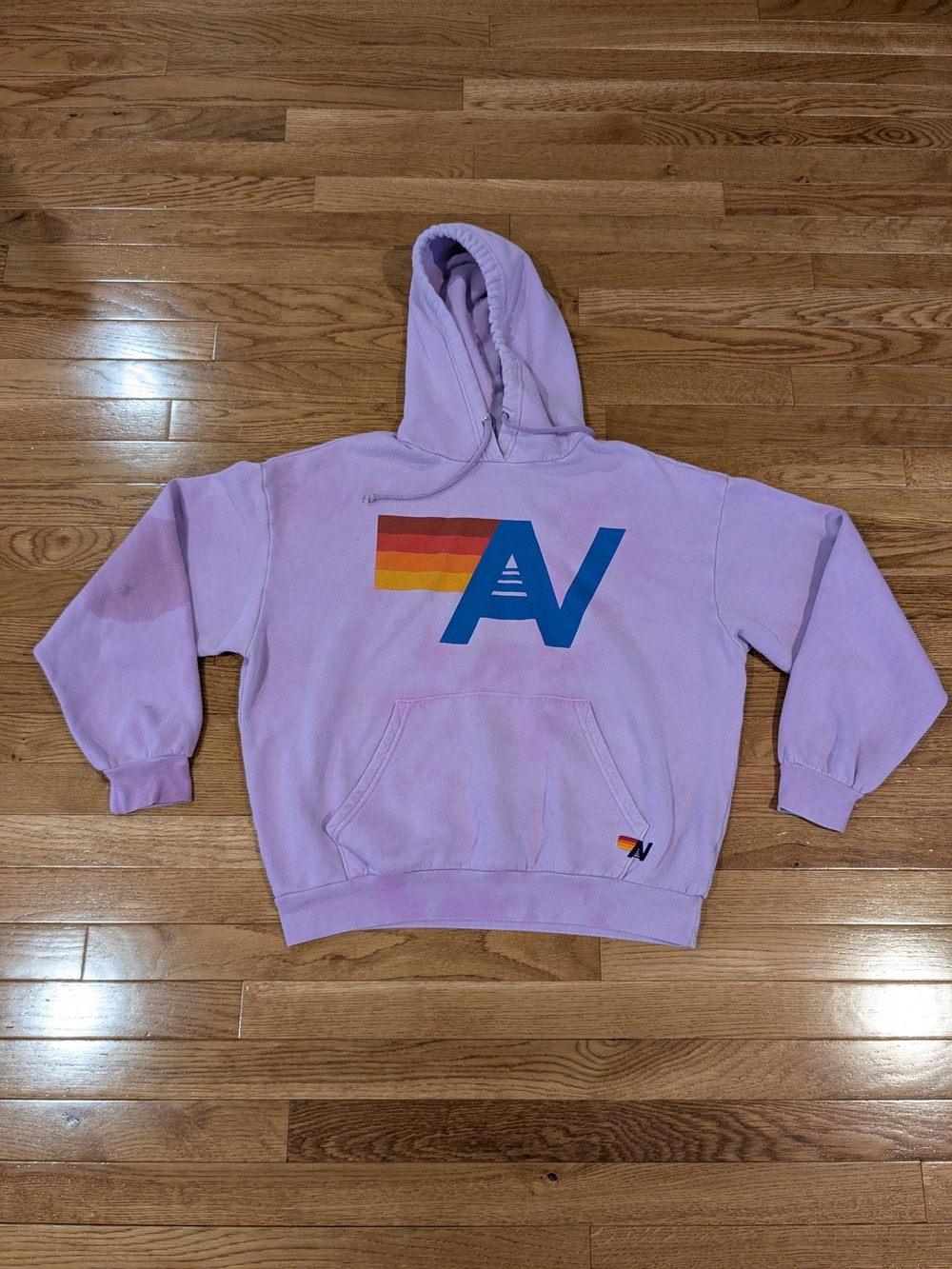 Aviator Nation Lavender Purple Hoodie with Retro Stripe Logo Small Has Stains
